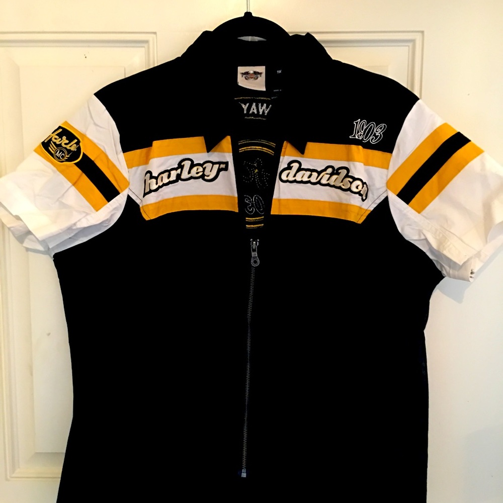 Harley Davidson A Womens 1W Zip Garage Shirt Top Black Gold Yellow Biker Logo